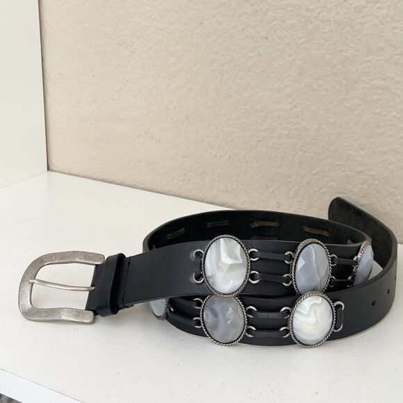 Vintage Leatherock Black Leather Belt with Silver gray stone Accents main image 5